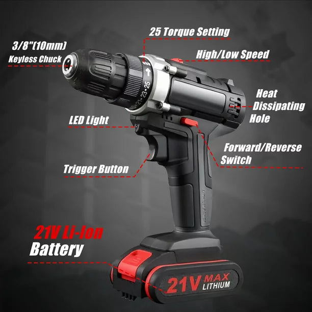 21 Volts Cordless Drill, Multifunctional Electric Power Drill Cordless, Variable Speed with 1500mAH Battery and 3/8-inch Chuck, Home DIY for Men Women Elderly
