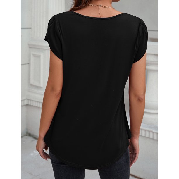 VOIANLIMO Womens Casual Round Neck Basic Pleated Top Cap Sleeve Curved Keyhole Back Blouse S-2XL