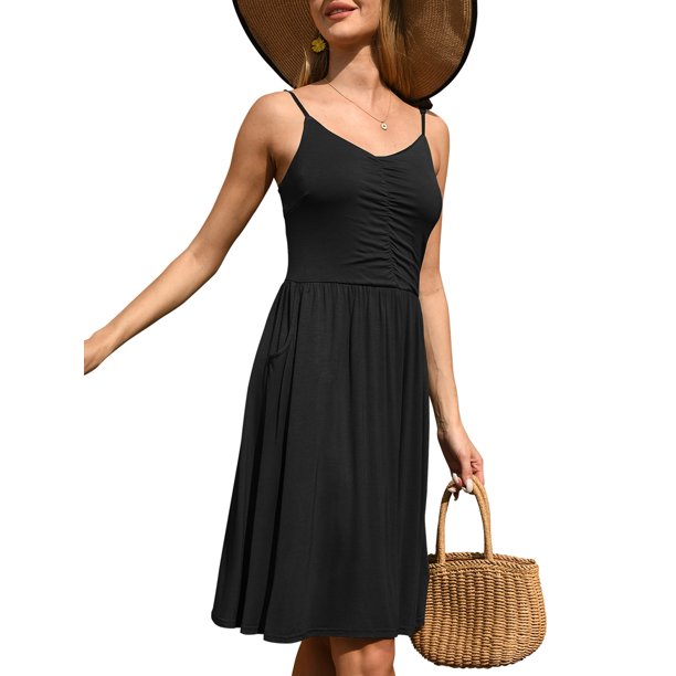 QINCAO Dresses for Women 2023 Sleeveless Summer Dress A Line Spaghetti Strap Sundresses with Pockets,L(12-14)