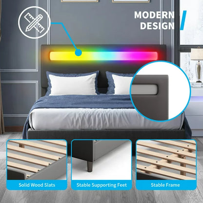 Mjkone Platform Bed Frame with Smart LED Strip Light, Queen Size Bed Frame with RGB LED Headboard, RGB LED Light Controlled by Alexa or APP, Queen Bed Frames Adjustable Lighting Effects(Queen, Black)