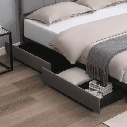 Mixoy Modern King Size Platform Bed Frame with 4 Large Storage Drawers and Adjustble Headboard, Wooden Frame , Dark Gray Dutch Velvet Fabric