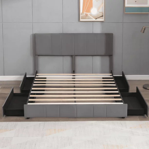 Mixoy Modern King Size Platform Bed Frame with 4 Large Storage Drawers and Adjustble Headboard, Wooden Frame , Dark Gray Dutch Velvet Fabric