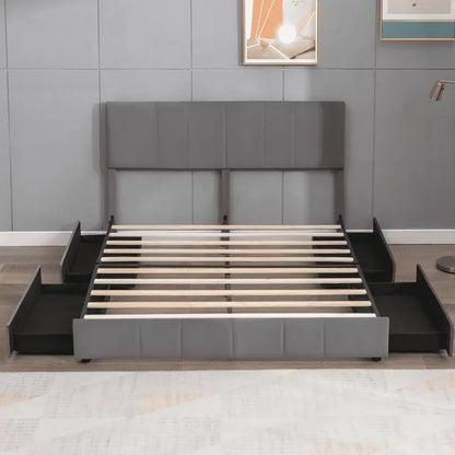 Mixoy Modern King Size Platform Bed Frame with 4 Large Storage Drawers and Adjustble Headboard, Wooden Frame , Dark Gray Dutch Velvet Fabric
