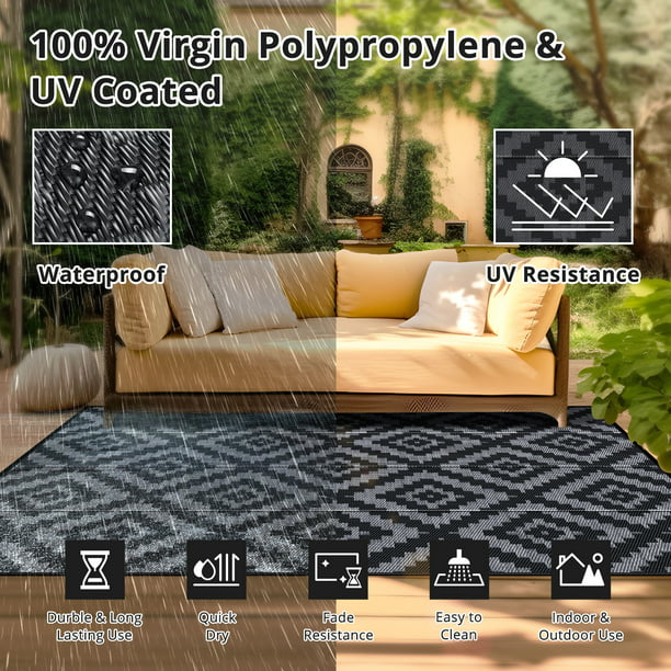 GOTGELIF 9x18 Outdoor Rug Waterproof Outdoor Area Rug Reversible Portable Outdoor Plastic Straw Rug Indoor Outdoor Carpet for Garden Porch RV Camping Mat Grey Black