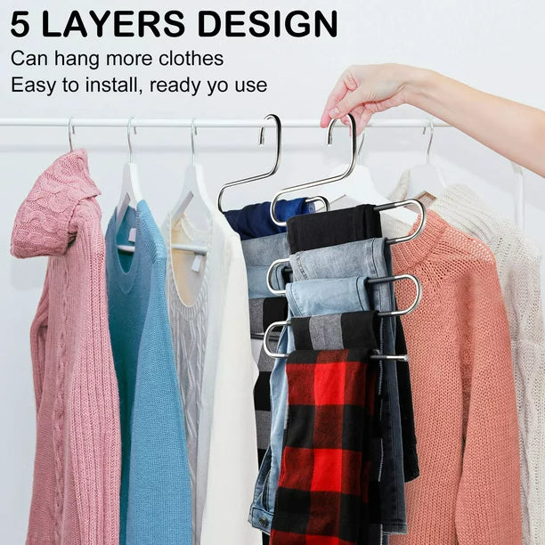 8 Pack Pants Hangers Space Saving, 5 Layers S-Shape Non-Slip Hangers, Greentro Stainless Steel Hangers for Pants Jeans Trousers Scarf Leggings Organizer for Closet