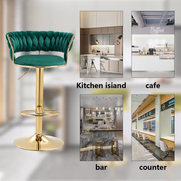 Kowilk Modern Swivel Bar Stool Set of 2, Velvet Bar Stool Height Adjustable Airlift with Backrest and Gold Footrest for Dining Room, Kitchen Island, Pub, Bar ( Emerald)