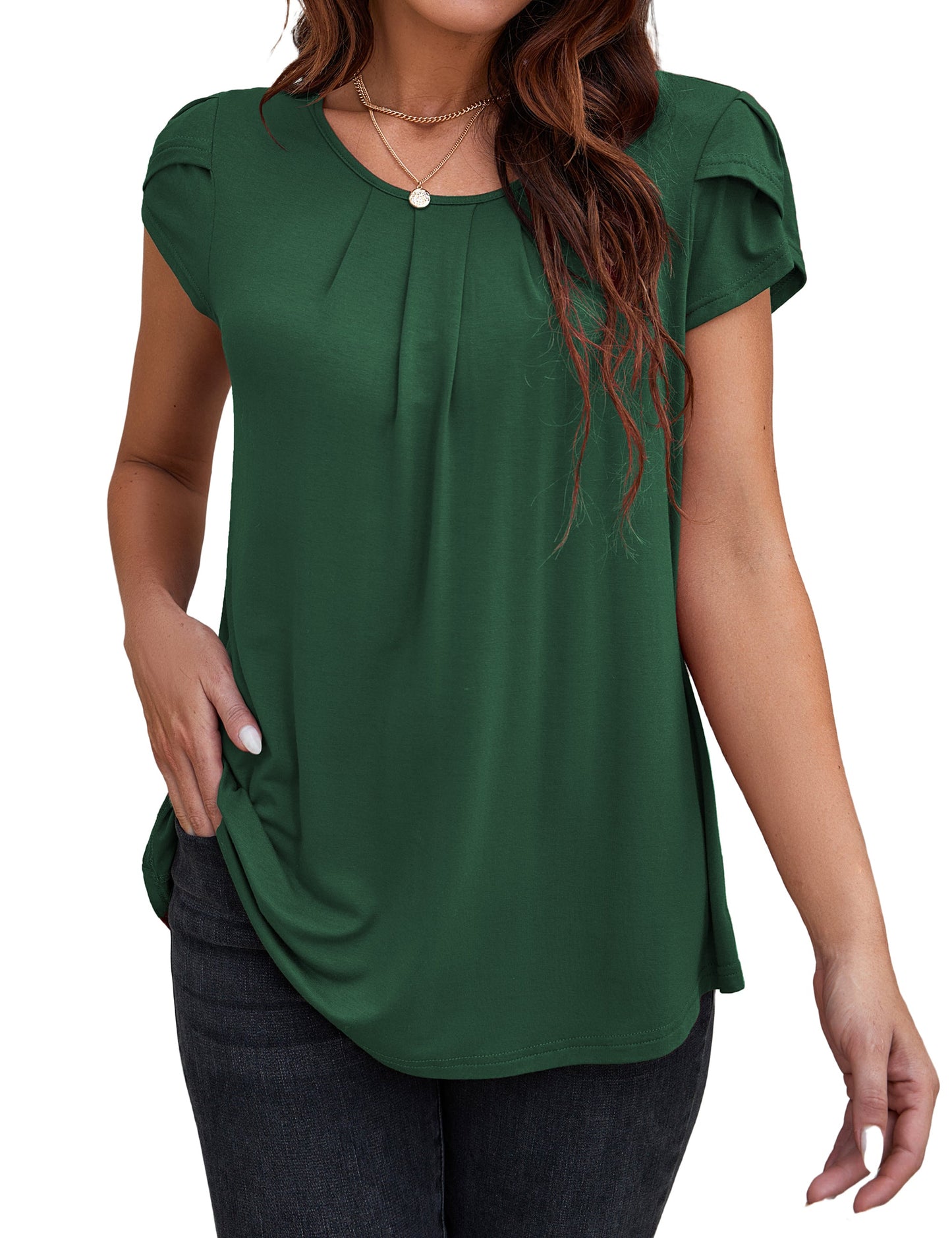VOIANLIMO Womens Casual Round Neck Basic Pleated Top Cap Sleeve Curved Keyhole Back Blouse S-2XL