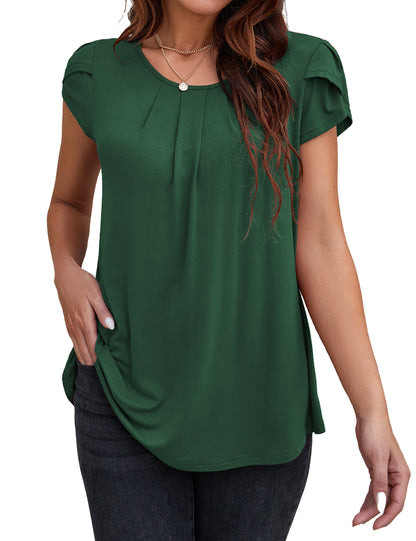 VOIANLIMO Womens Casual Round Neck Basic Pleated Top Cap Sleeve Curved Keyhole Back Blouse S-2XL
