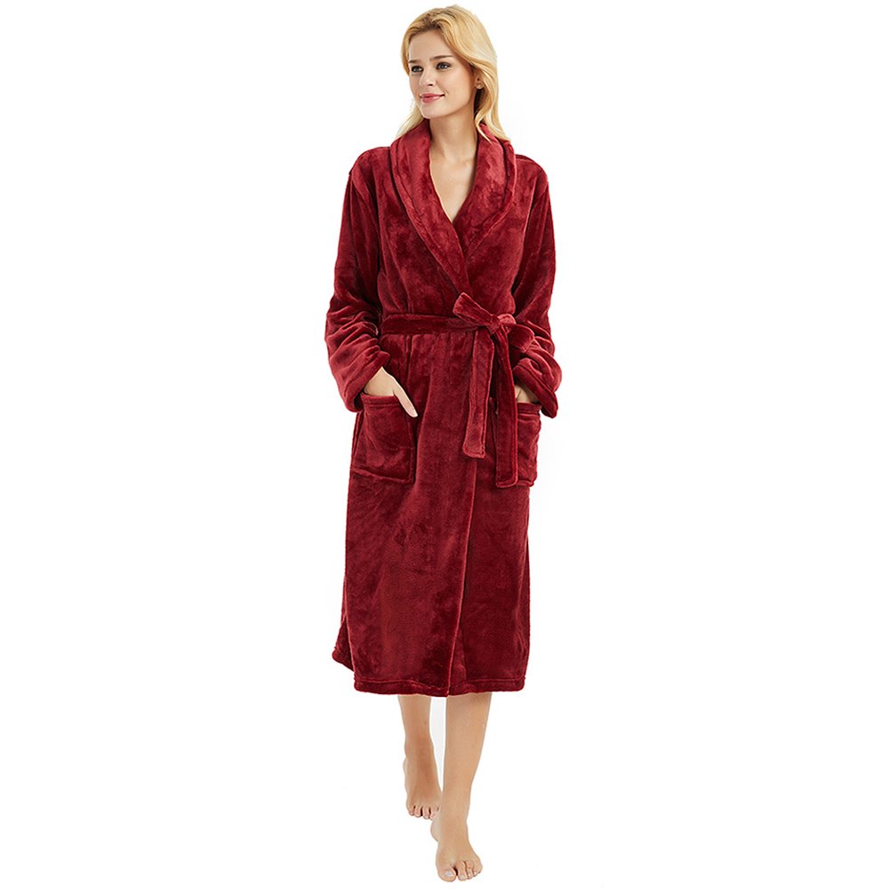 HEARTNICE Womens Fleece Robes, Long Bathrobe House Coat, Thick Kimono Robes, (Wine S-M)