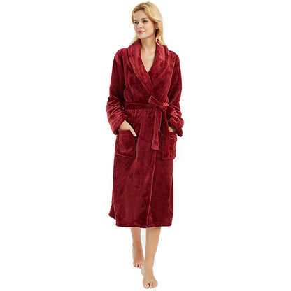 HEARTNICE Womens Fleece Robes, Long Bathrobe House Coat, Thick Kimono Robes, (Wine S-M)