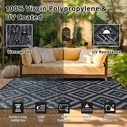 GOTGELIF 5x8 Outdoor Rug Waterproof Outdoor Area Rug Reversible Portable Outdoor Plastic Straw Rug Indoor Outdoor Carpet for Garden Porch RV Camping Mat Grey Black