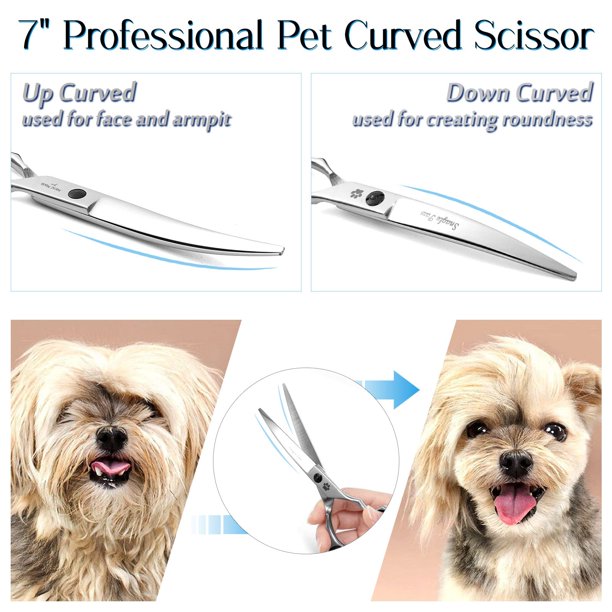 Snagle Paw Pet Cat Dog Grooming Scissors, Professional Pet Grooming 7-inch Curved Scissors, 440C Stainless Steel - Silver