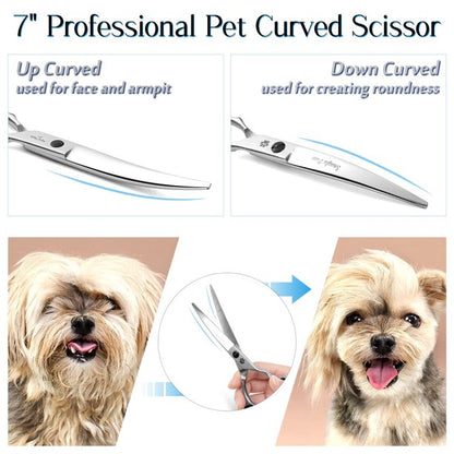 Snagle Paw Pet Cat Dog Grooming Scissors, Professional Pet Grooming 7-inch Curved Scissors, 440C Stainless Steel - Silver