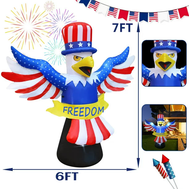 7FT Tall Patriotic Independence Day 4th of July Inflatable American Bald Eagle Lighted Blow up Party Decoration for Outdoor Indoor Home Celebration Garden Yard Photo Prop