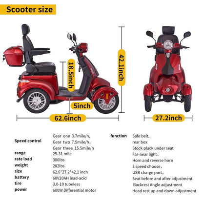 Heavy Duty Mobility Scooters for Seniors & Adults 500lbs Capacity - Electric Powered Wheelchair Device - 800W All Terrain Recreational Mobility Scooter for Travel, Elderly-Full LED Lighting- Red