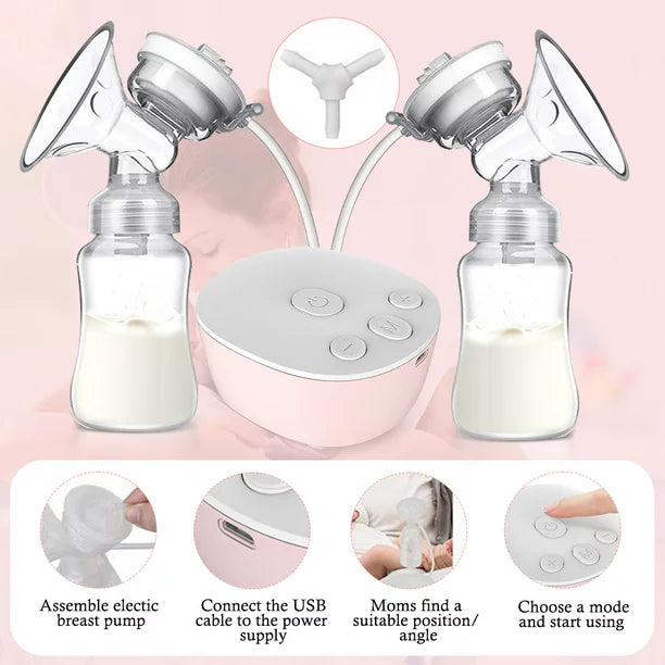 Double Electric Breast Pump, Portable Dual Breastfeeding Milk Pump with Milk Collect Function Pain-Free Massage Strong Suction Power 3 Modes 9 Levels, Pink