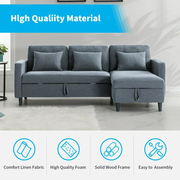 Mjkone Pull Out Sofa Bed, Convertible Sleeper Sofa with 3 Free Cushions, L Shaped Sofa Couch with Storage Chaise, Linen Fabric Sectional Couch Bed with 4 Storable Pockets for Living Room (Grey)