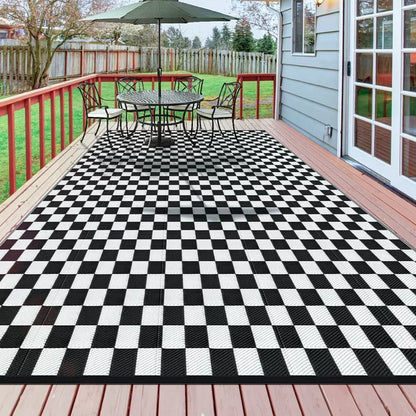 GOTGELIF 9x12 Outdoor Rug Plasti Straw Rug Black and White Rug Waterproof Area Rugs Reversible Patio Rug for RV,Patio,Backyard,Deck,Picnic,Beach