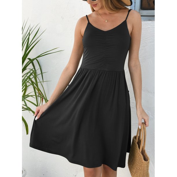 QINCAO Dresses for Women 2023 Sleeveless Summer Dress A Line Spaghetti Strap Sundresses with Pockets,L(12-14)