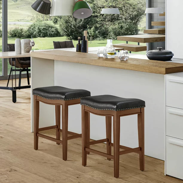Counter Height Bar Stools with Footrest 26-Inch Backless Bar Stools,Upholstered Wooden Bar Stool,Set of 2,Walnut