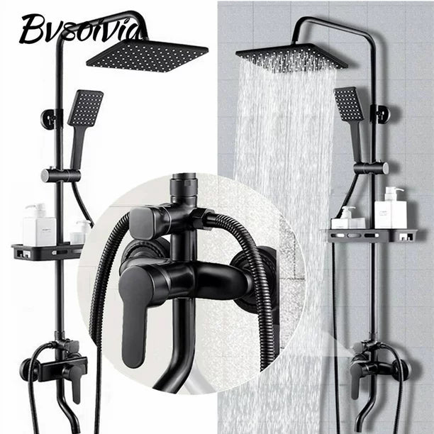 BVSOIVIA 3 IN 1 Bathroom Shower Faucet Rainfall Shower Set Matte Black Wall Mount Bathtub Shower Mixer Tap Shower System with Shelf