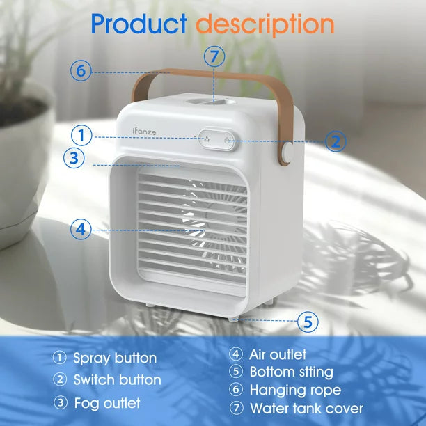 iFanze Portable Air Conditioner, Rechargeable Personal Cordless Air Cooler Quiet Desk Fan with 3 Speeds Small Air Conditioner Fan Mini Evaporative Cooler for Small Room Office Dorm and Outdoor (White)