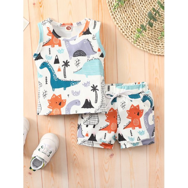jaweiwi Infant Baby Summer Clothes for Boys, 3M 6M 12M 18M 24M 3T Toddler Dinosaur Print Outfits Crew Neck Sleeveless Tank Tops and Elastic Waist Shorts 2Pcs Suit