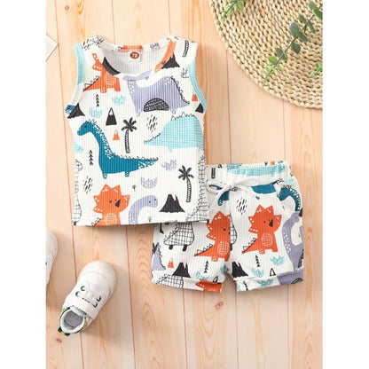 jaweiwi Infant Baby Summer Clothes for Boys, 3M 6M 12M 18M 24M 3T Toddler Dinosaur Print Outfits Crew Neck Sleeveless Tank Tops and Elastic Waist Shorts 2Pcs Suit