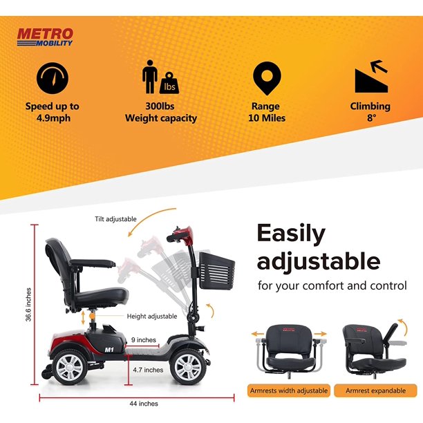Kowilk Folding Mobility Scooter for Seniors 4 Wheel Scooter for Adults Electric Medical Scooter Compact for Travel - Compact Heavy Duty Mobile(Red）