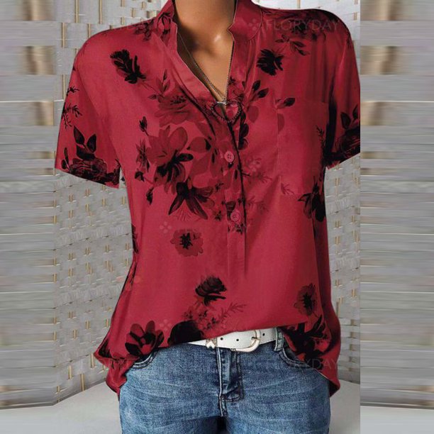 Womens Tops Women's Casual Printed V-neck Short-Sleeved Shirt Pullover Loose Blouse Tops L