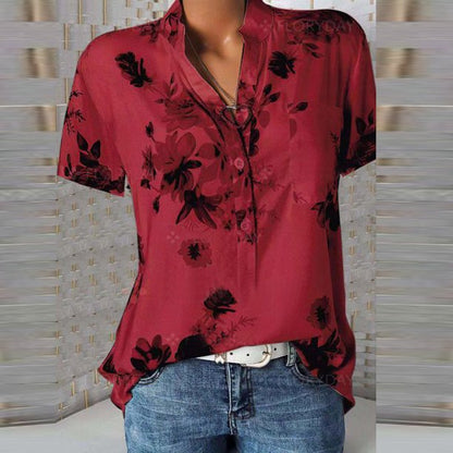Womens Tops Women's Casual Printed V-neck Short-Sleeved Shirt Pullover Loose Blouse Tops L