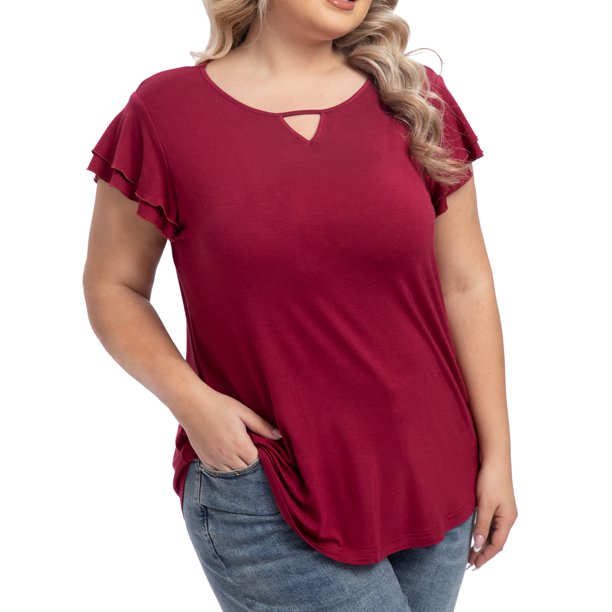 QINCAO Plus Size Tops for Women Summer Ruffle Short Sleeve Womens Blouses Tunic Loose T Shirts,2XL(20-22)