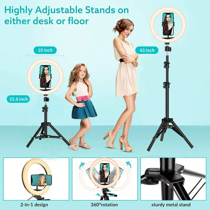 Doosl 10" LED Selfie Ring Light with 63" Extendable Tripod Stand & Phone Holder, 6500K Dimmable LED Circle Lights for Live Streaming & YouTube Video Photography