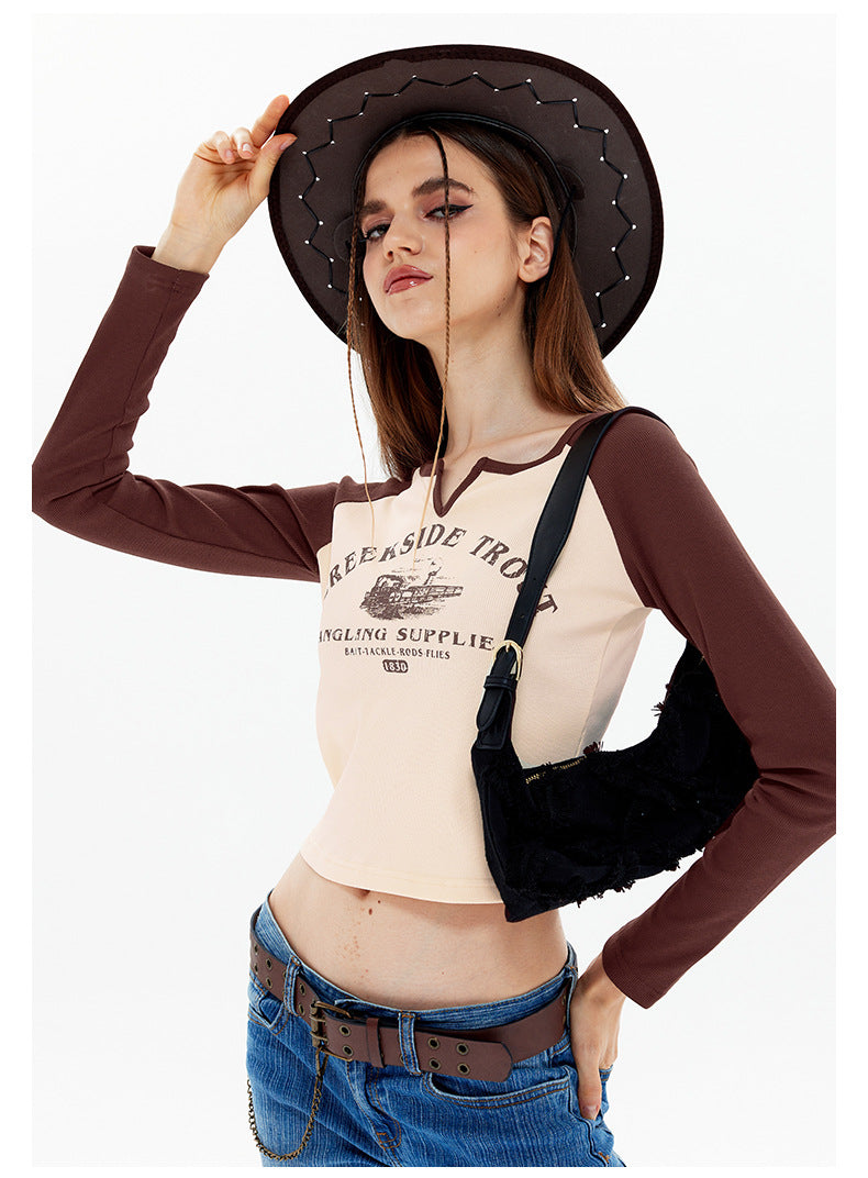Women's Shoulder Long Sleeve Crop Toptrend Retro Girls Bare Midriff,Apricot S