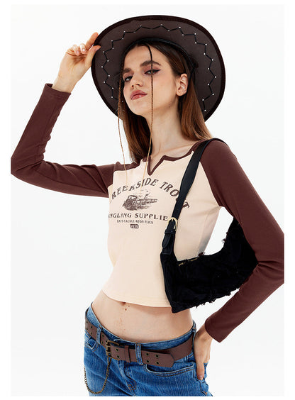 Women's Shoulder Long Sleeve Crop Toptrend Retro Girls Bare Midriff,Apricot S
