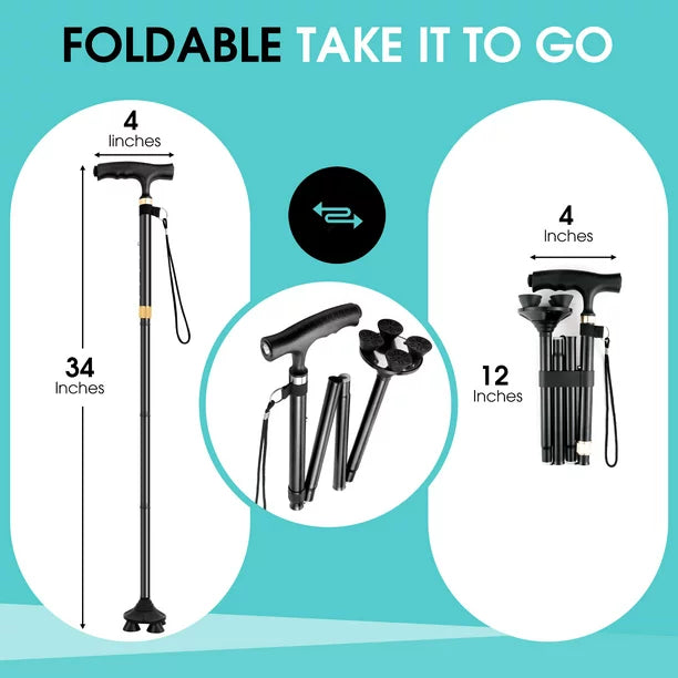 Doosl Walking Canes for Men Women, 10 height Adjustable Portable Retractable Canes with LED Flashlight and Fall Alarm for Seniors Adults, Black