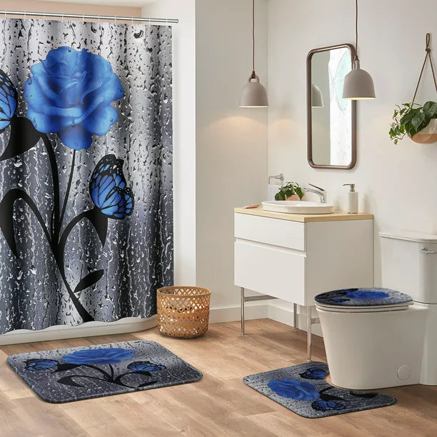 BSHAPPLUS 4Pcs 71x79in Blue Rose Shower Curtains with Large Rugs Set, Waterproof Bath Curtain+12 Hooks, Non-Slip Pad, Toilet Lid Cover and U-shape Mat for Home Hotel Bathroom Decor