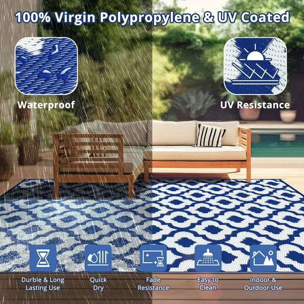 GOTGELIF 9x12 Outdoor Rug Waterproof Area Rugs Reversible Patio Rug Portable Rug with 4 Ground Nails for RV,Patio,Backyard,Deck,Picnic,Beach