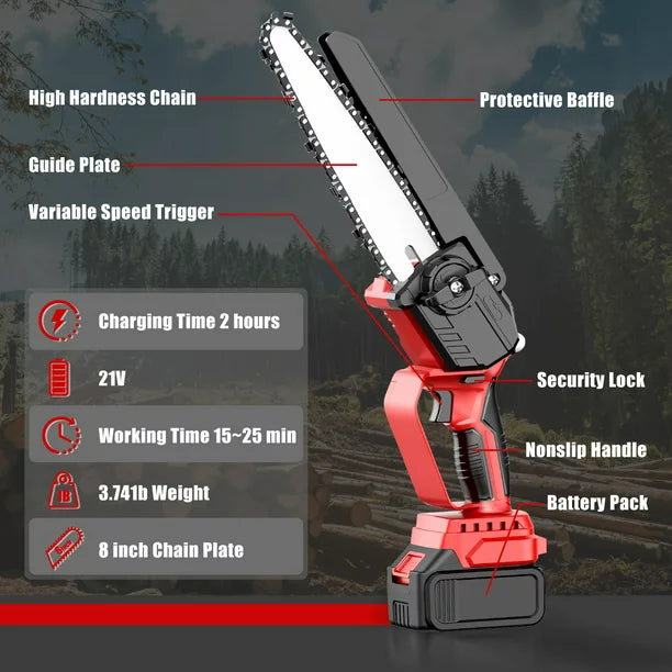 8 inch Mini Chainsaw, Cordless Portable Chainsaw with 2×1500mAh Battery, One-Hand Lightweight Electric Chain Saw for Tree Branch Wood Cutting Garden Logging, Red
