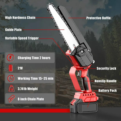 8 inch Mini Chainsaw, Cordless Portable Chainsaw with 2×1500mAh Battery, One-Hand Lightweight Electric Chain Saw for Tree Branch Wood Cutting Garden Logging, Red