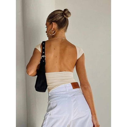 Women's Y2K Backless Short Sleeve Summer Sexy Vest Women's Solid Color Crop Tee
