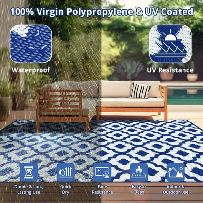 GOTGELIF 9x18 Outdoor Rug Waterproof Area Rugs Reversible Patio Rug Portable Rug with 4 Ground Nails for RV,Patio,Backyard,Deck,Picnic,Beach