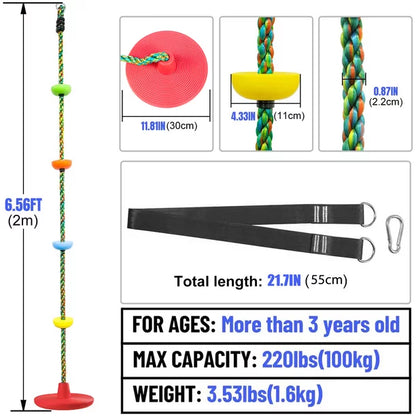 Swing Set for Kids, Jorocks Outdoor Tree Swing with 6.6ft Strap Single Disc Seat, Rainbow Climbing Rope Swing for Kids for Outside Treehouse Playground