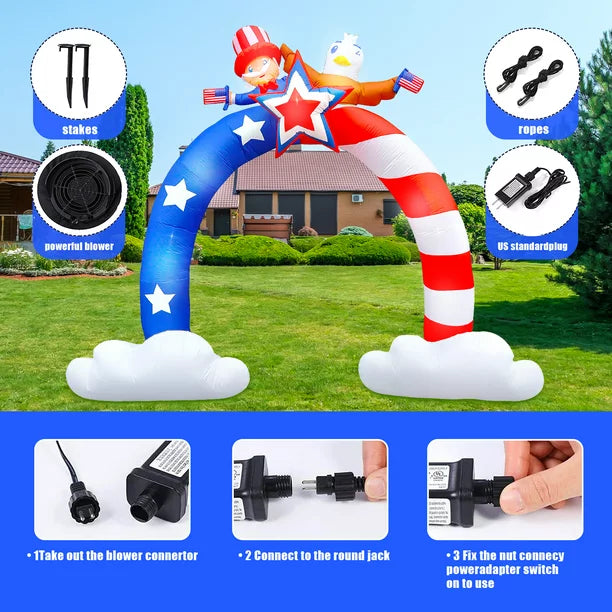 8Ft Patriotic Independence Day 4th of July Inflatable Archway Uncle Sam and Flying Bald Eagle with American Flag Archway Bulit-in LED Blow-up Outdoor Airblown Inflatable Home Yard Holiday Decoration
