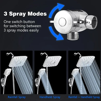 Adjustable Rainfall Shower Head Combo, Handheld with Strong Suction Cup Holder 3-Way Water Diverter 1.5M Hose