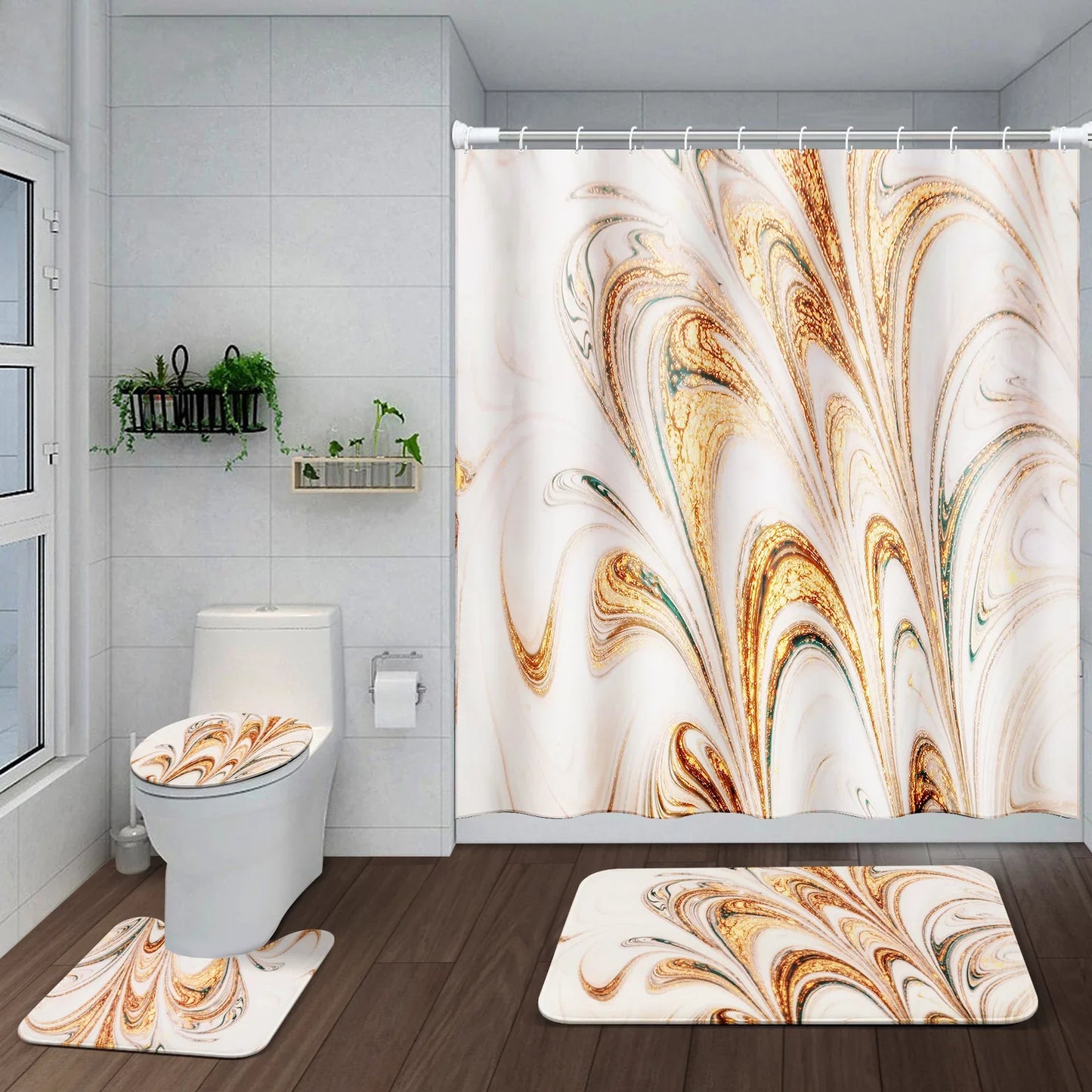 BSHAPPLUS 4PCS Bathroom Sets, 71"x79" Waterproof Shower Curtains with 12 Hooks, Large Bath Mat, Toilet Lid Cover and U-Shape Rug for Home Hotel Decor - Golden Marble