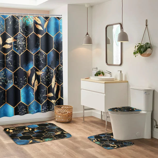 BSHAPPLUS 4Pcs Marble Shower Curtain Sets, 71"x79" Waterproof Bath Curtains with 12 Hooks, Non-Slip Rug, Toilet Lid Cover and U-shape Mat for Home Hotel Bathroom Decor