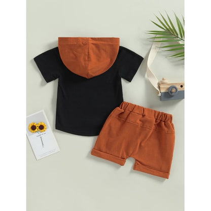 jaweiwi Infant Baby Summer Clothes for Boys 3M 6M 12M 18M 24M 3T Toddler Hooded Outfits Letter Print Contrast Color Short Sleeve Tops T shirt and Solid Color Shorts 2Pcs Suit