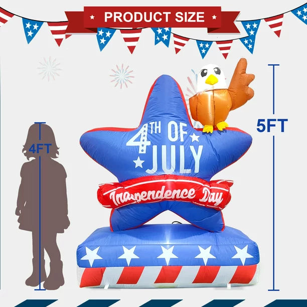 5 FT Patriotic Independence Day Inflatable Decoration, 4th of July Inflatable Star with American Flag and Bald Eagle Blow Up Decor Ideal for Veteran's Day Party, Indoor, Outdoor, Yard, Garden, Lawn