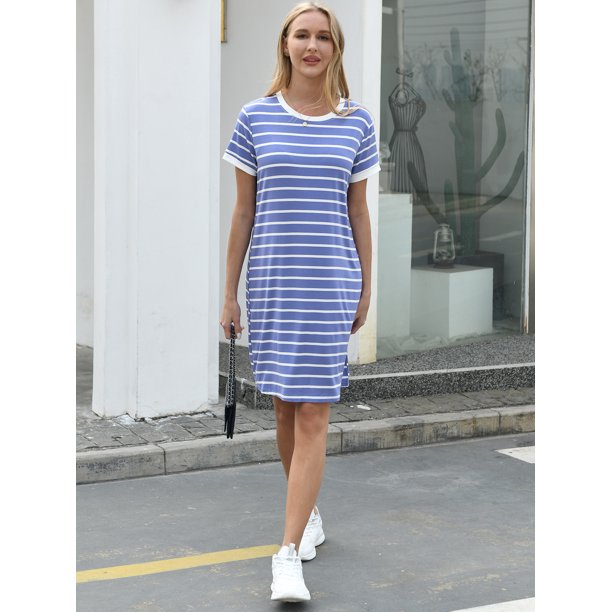 QINCAO Summer Dresses for Women 2023 Striped T Shirt Dresses Stretchy Short Mini Dress,L(12-14)